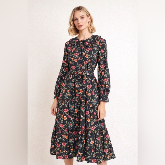 Pink City Prints Dresses & Skirts - Pink City Prints NWT Nancy Dress Chatsworth Floral Ruffle Collar Cotton Midi L